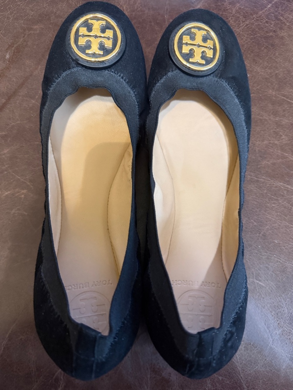 Tory Burch Black Suede Ballet Flats with Gold Logo Discs, 10